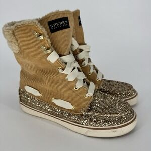 Sperry Top-Sider Acklins Boots Women's 7 Lace Up High Top Brown Corduroy Glitter